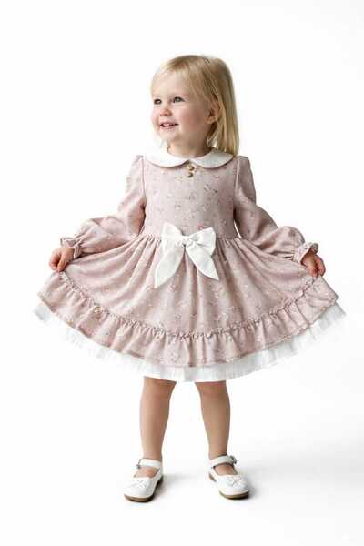 beybikoza Kız Bebek & Kız Çocuk Çiçekli Fiyonklu Yakalı Uzun Kollu Özel Gün E...