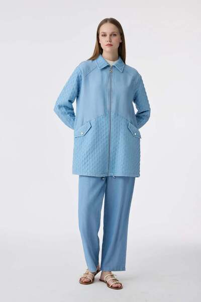 Zühre Kendinden Desen Detaylı Mavi Kot Ceket 0189