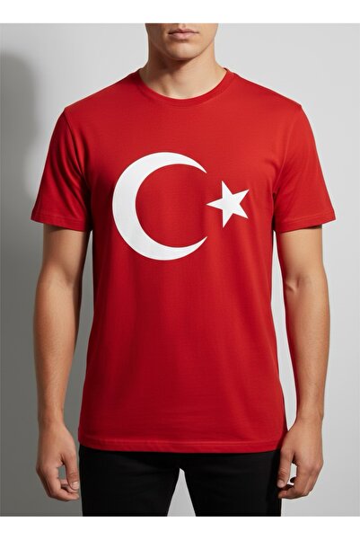 Ay Yıldız Türk Bayrağı Baskılı Kırmızı Basic Unisex T-shirt Normal Kalıp