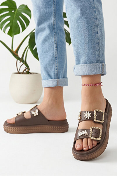 Ekonomik Ayakkabı Women's Brown Double Buckled Stone Detailed Thick Sole Casu...
