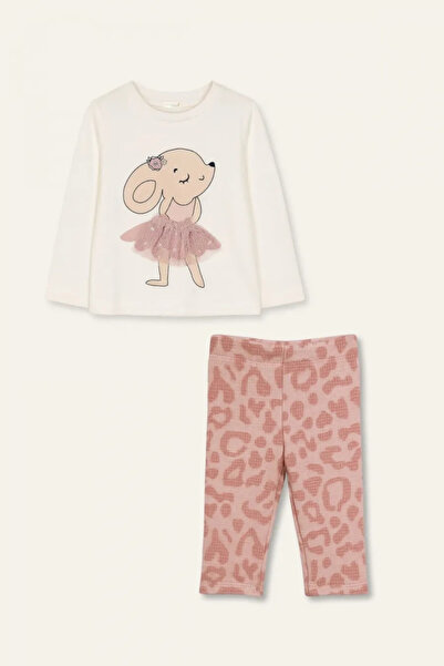 BABYİLAY Baby Girl Pink Rabbit Embroidered T-Shirt and Jacquard Leggings Two-...
