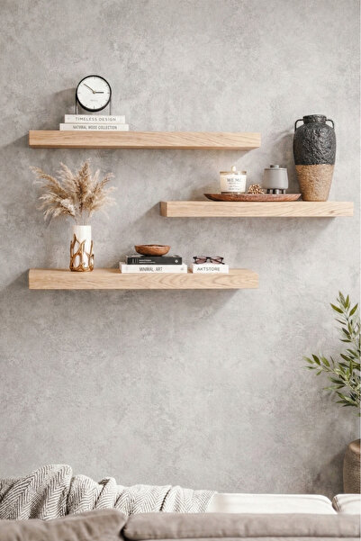 Nowella Home Ladin Masif Ahşap 3’lü Uçan Duvar Rafı - Doğal
