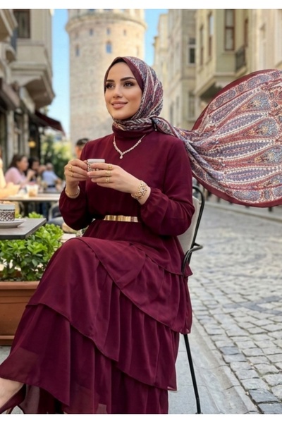 Nazellaa بنقشة إثنية شال ناعم بلون أحمر كلاريت مع تفاصيل مافيل