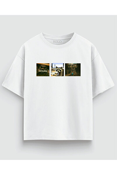 YOLO STREET Raccoon Graphic Printed Oversized Black White T-Shirt 100% Cotton...