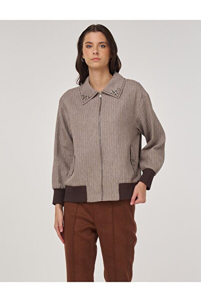 Kayra Yakası İşlemeli Pamuk Keten Ceket Vizon 13027