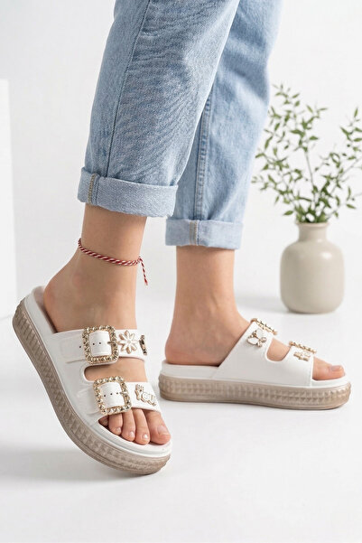 Ekonomik Ayakkabı Women's White Double Buckled Stone Detailed Thick Sole Dail...