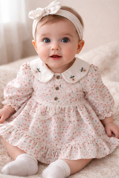 Bahar Çiçekli Pembe Kız Bebek Elbise