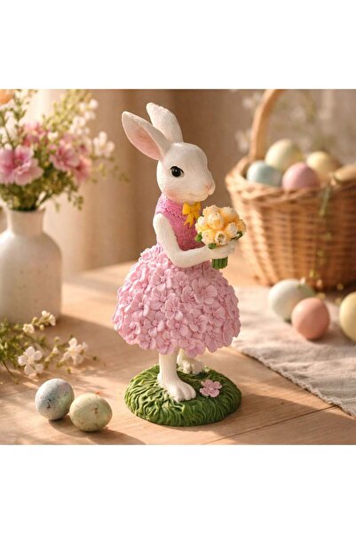 OEM Figurina de Paste Iepuras din Polyresin cu Fusta Roz 21,5cm