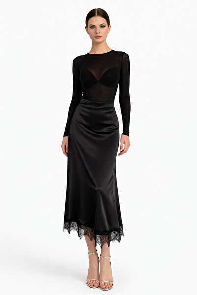 SİROZZİ Kadın Siyah Saten Etek Dantel Detaylı Midi Boy Şık ve Zarif Saten Etek