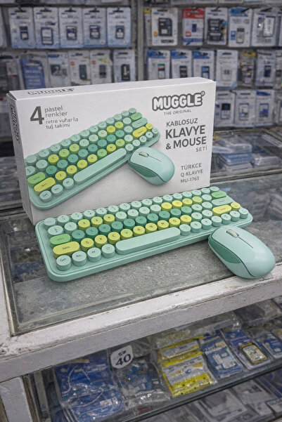 MUGGLE Kablosuz Klavye Mouse Seti Retro Yuvarlak Tuşlu Pastel Renk Kablosuz K...