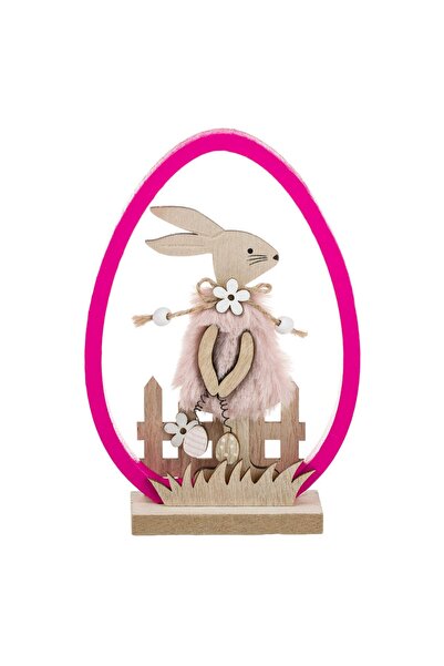 OEM Decoratiune din Lemn de Paste Ou cu Iepuras Roz 12x3.5x17cm