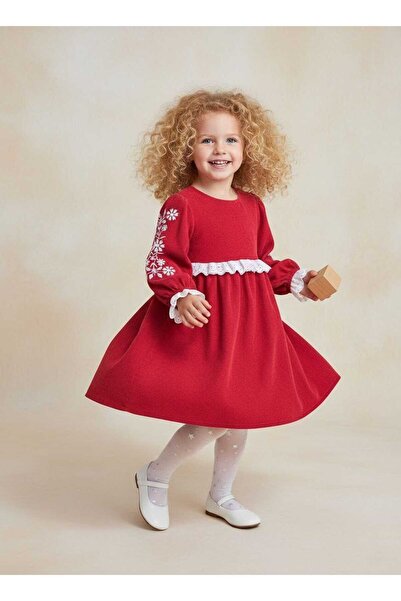 KİDSROOM Velvet Dress with Embroidered Sleeves and Belt