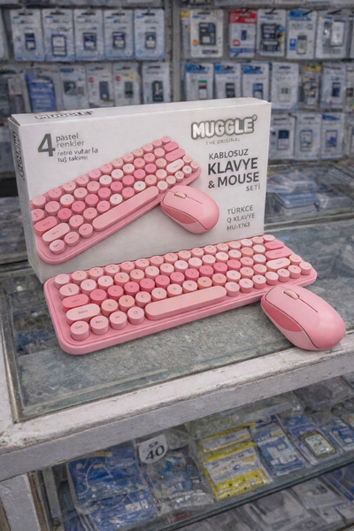 MUGGLE Kablosuz Klavye Mouse Seti Retro Yuvarlak Tuşlu Pastel Renk Kablosuz K...