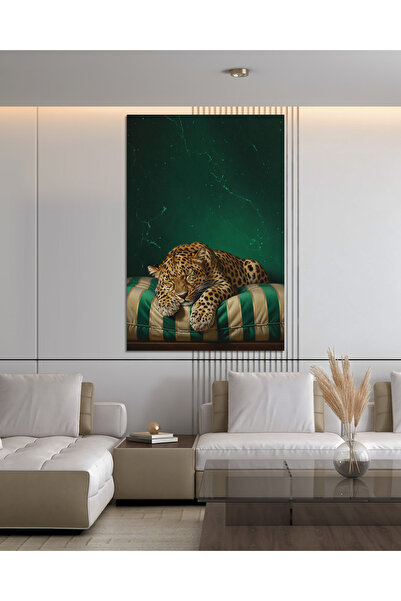 Uyuyan Leopar Kanvas Tablo | Yeşil Mermer Desenli Modern Duvar Dekoru