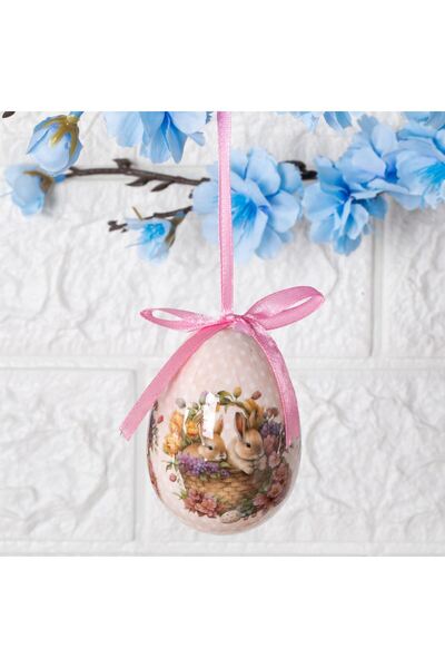 OEM Ou Decorativ de Paste Cos cu Iepurasi & Flori Ecru Buline 7.5cm