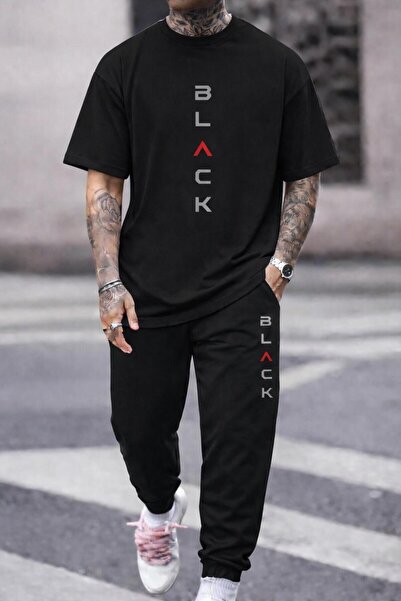 zeag Men's Black Printed Tracksuit T-Shirt Set