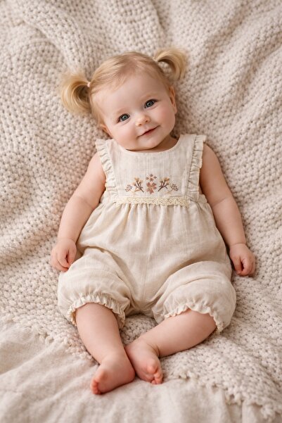 ALAMODECOR %100 Pamuk Bej Keten Çiçekli İşlemeli Kız Bebek Tulum