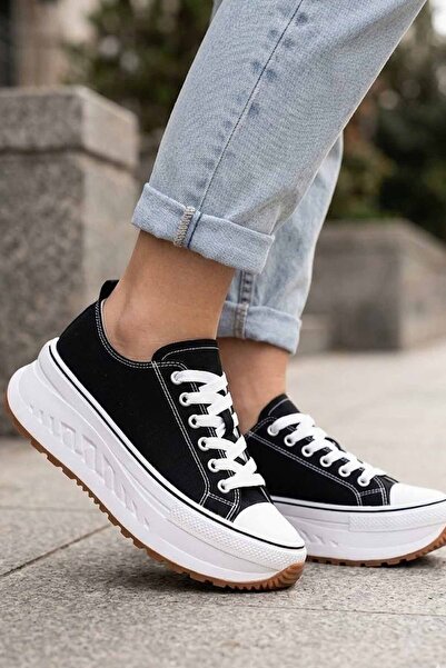 Lufian Γυναικεία παπούτσια sneaker με ψηλή σόλα από μαύρο καμβά