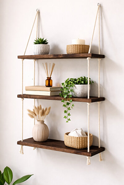 MİPOY 3 Katlı Halatlı Ahşap Duvar Rafı 🪵 Dekoratif Asma Raf | Doğal Ahşap Du...