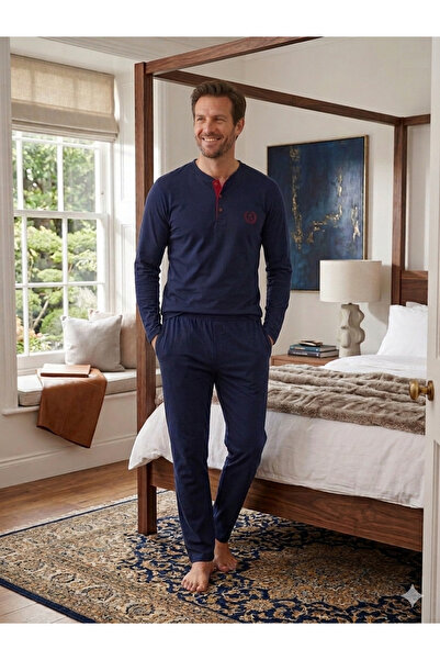 Sude HOMEWEAR Men's Pajama Set Bottom Pocketed Top Buttoned Navy Blue Color