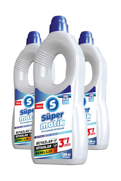Süpermatik 3'ü 1 Arada %100 Yerli Sıvı Çamaşır Deterjanı 3 Adet 1500 ml