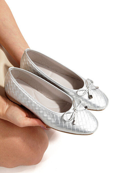 PAYZİN Silver Knit Ballet Flats Round Toe with Closed Mustache Bow Orthopedic...