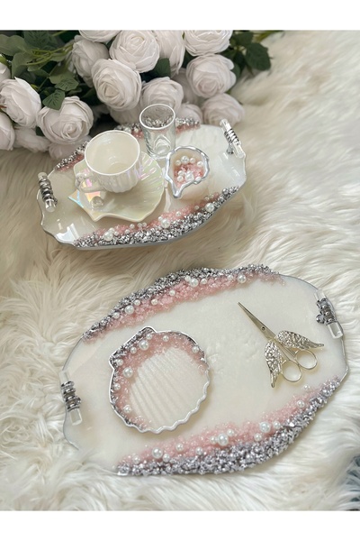 RESİNARTSHOP Epoksi Tepsi Toz Pembe Taşlı Nişan Tepsi Seti+incili 7 parça