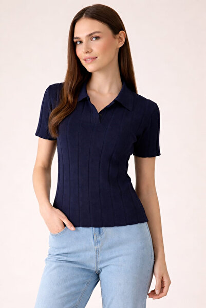 ONİPRETA Women's Navy Blue New Season Polo Collar Trend T-Shirt