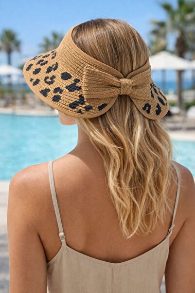 BALIENTE Camel imprimeu leopard Pălărie de damă din paie cu vizor reglabil și...