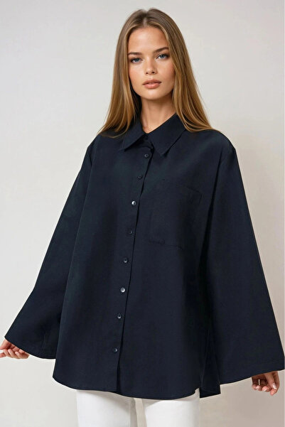 MetuCA Women's Navy Blue Oversized Wide Sleeve Single Pocketed Long Linen Shirt
