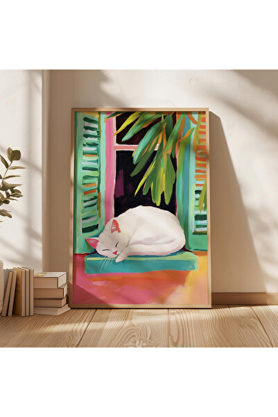 Tuba Decor Jednodijelna slika u drvenom okviru, bela mačka