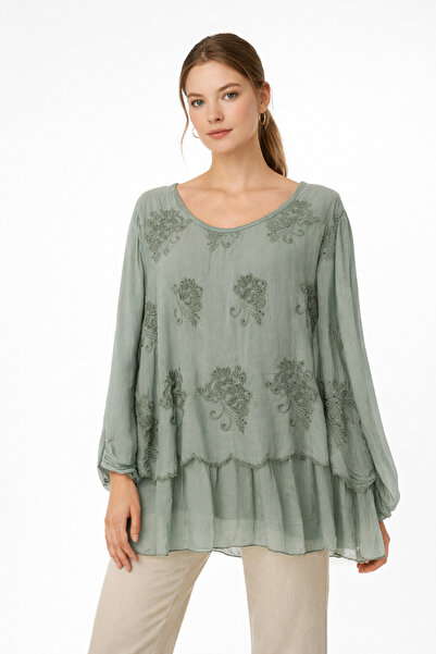 cottonheim İtalyan İpek Nakışlı Bluz – Salaş Kesim Şifon Detaylı Kadın Bluz