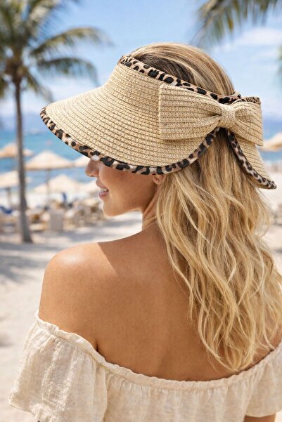 MARBERRY Beige Leopard Striped Ribbon Detailed Adjustable Visor Straw Women's...