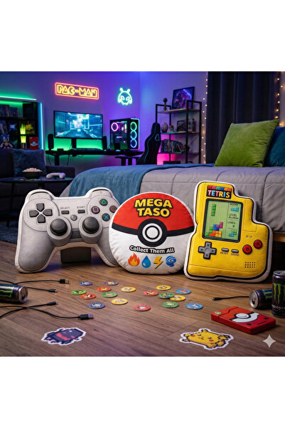 Piloji Gamer Oyuncu Odası Dekoratif Yastık 3'lü Set - Tetris, Konsol ve Taso ...