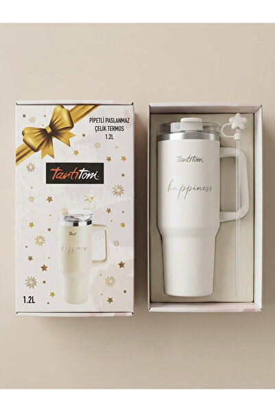Tantitoni 1.2 Litre Kulplu ve Pipetli Çelik Termos Bardak - "Happiness" Tasar...