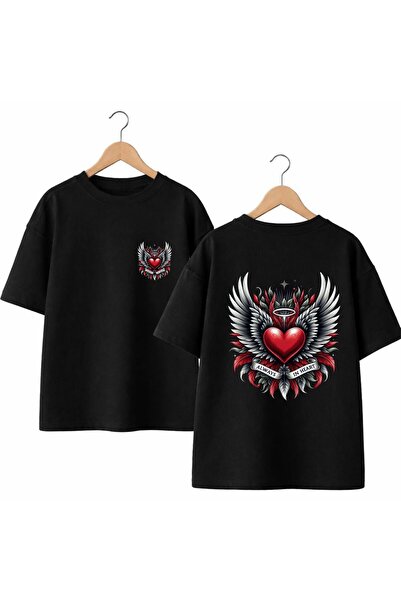 playwear تي شيرت Heart Wing للظهر والصدر مطبوع %100 قطن مقاس كبير فضفاض ذو قص...