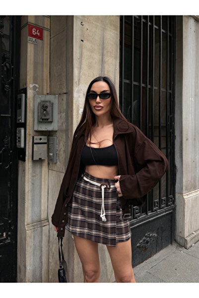 LB Laluna Butik Fusta scurtă pentru femei talie înaltă detaliu la curea ecosez