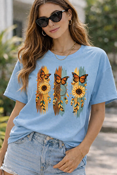 ArtYus Bohemian Sunflower & Butterfly Printed T-Shirt – Unisex Oversized Crew...