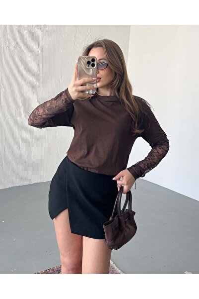 FERZOLAİO Brown T-Shirt with Lace Sleeves