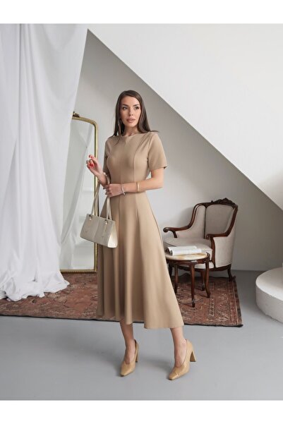 Mars Latte Parçalı Gizli Fermuar Massi Model Maxi Elbise