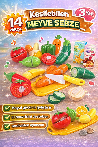 DENAPCAL Kesilebilen Meyve Sebze Oyuncak Seti 14 Parça – Çocuk Evcilik Mutfak...