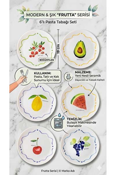 The Mia Frutta Seramik Pasta Tabağı 6’lı Set 19 cm