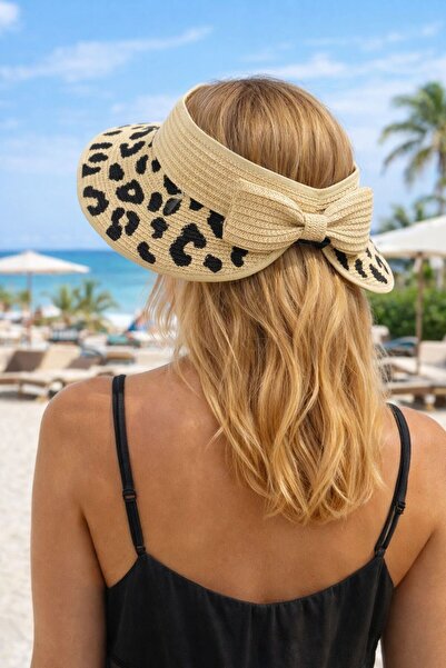 MARBERRY Pălărie de damă din paie, bej, imprimeu leopard cu vizor reglabil și...