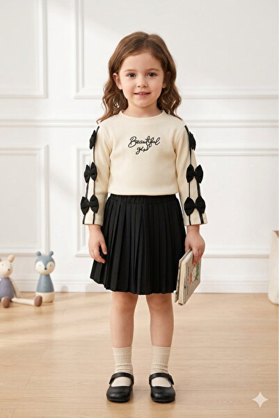 EYMİRGİYİM Kız Çocuk Fiyonk Detaylı Uzun Kollu Ribana Bluz ve Piliseli Etek T...