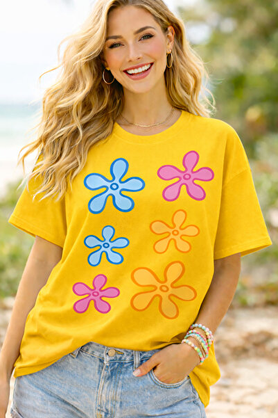 ArtYus Retro Flower Printed Unisex Oversized T-Shirt – Pack of Cotton Crew Ne...