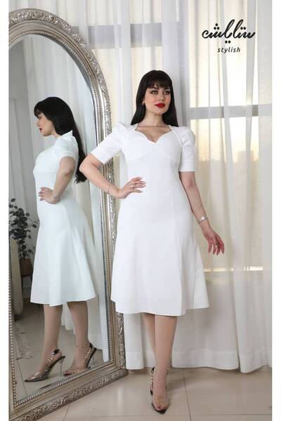 Abad فستان تركي ميدي أبيض بقصة صدر ناعمة