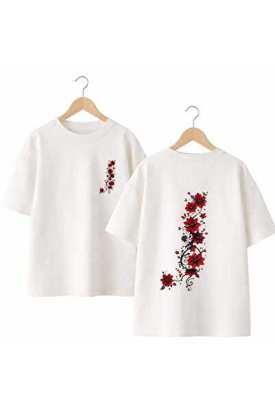playwear تي شيرت çicek منقوش باللون الأحمر للظهر والصدر مطبوع 100% قطن تي شير...