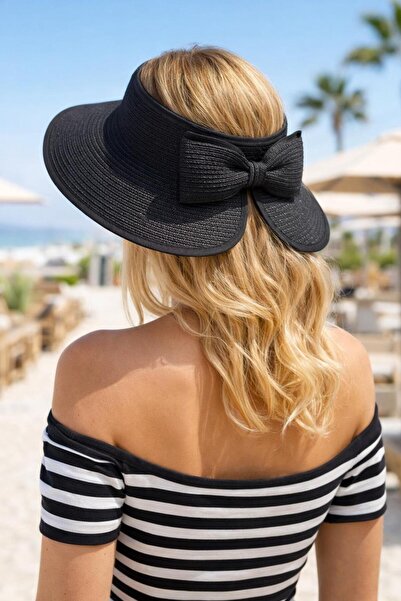 MARBERRY Black Top Open Ribbon Detailed Adjustable Visor Straw Women's Hat