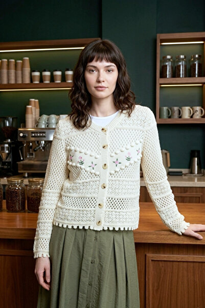 MODAQU Buttoned Lace-Like Knit Knitwear Cardigan - Ecru