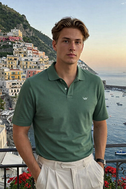 DAMGA JEANS Men's Basic 100% Cotton Mint Polo Collar T-Shirt